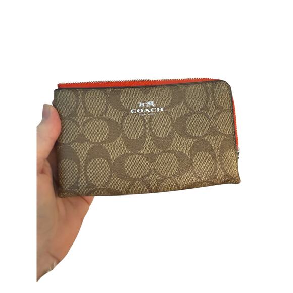 COACH N.Y. 2 Zipper Going Down Side Brown Wristlet Red Trim - Picture 1 of 8